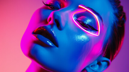 A close-up of a glossy, futuristic face highlighted by neon lights, emphasizing vibrant colors with a sleek and highly stylized makeup look.