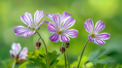 Fototapeta premium Beautiful wildflowers, shooting star or geraniums with purple and white petals on a green background. A close up macro photo of a flower from nature in the springtime season
