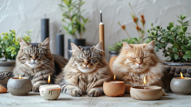 Three Cats Meditating with Candles.