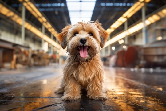 Portrait of a smiling lowchen dog while standing against bustling factory floor