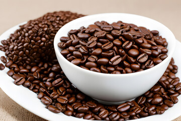 Fototapeta premium A cup of coffee bean. Close-up of roasted brown coffee beans in a white cup.