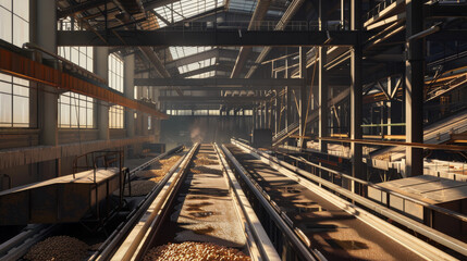 Sunlight floods an expansive industrial warehouse with steel beams, conveyor systems, and orderly storage bins, creating a play of light and shadows.
