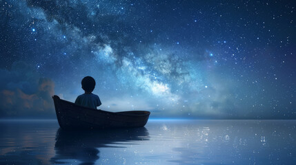 A young child sits alone in a boat, mesmerized by the luminous stars and the vast expanse of the night sky over calm waters.