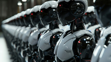 Fototapeta premium A stunning display of futuristic robots, lined up in perfect symmetry, creating an impressive vision of advanced robotic technology.