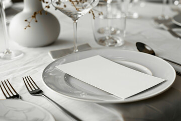 wedding menu on plates on a table setting, invitation card mockup