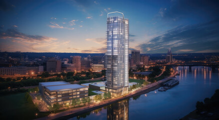 Naklejka premium Modern Urban Skyscraper at Sunset