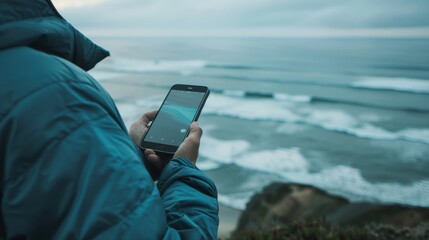 Looking Out: The person holding the phone and looking out at the ocean.