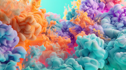 Swirling masses of orange and teal ink float in a colorful underwater scene, creating an intriguing, vibrant abstract of colors and shapes.