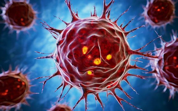 an image of a cell experiencing oxidative stress, visibly damaged by free radicals	