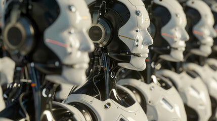 Obraz premium Rows of hyper-realistic humanoid robots in a production line, showcasing advanced technology and precision engineering.