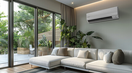 Naklejka premium Air conditioner installed on the wall of a modern living room. Air conditioning in a home, pure air, clean air, temperature control, cold or heat. 