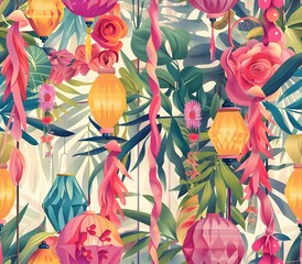 Vibrant Bohemian Birthday Party Decor with Dreamcatcher Inspired Streamers Tropical Florals and Handmade Accents