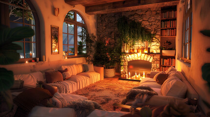 A cozy living room with stone walls, arched windows, and an open fireplace that is lit up by the warm glow of firelight