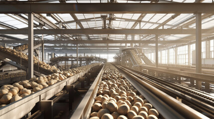 Endless rows of conveyor belts laden with potatoes in an expansive processing factory, highlighted by ambient light.