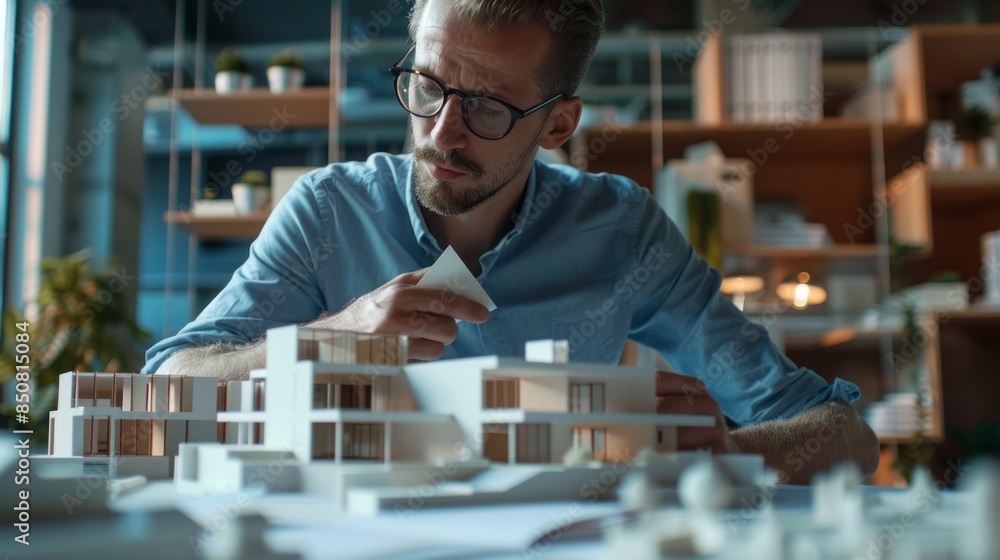 Poster A man is sitting at a table with a model of a house in front of him