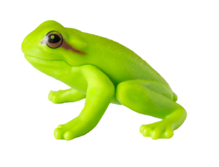 Macro shot of a small green toy frog, side view shot. Isolated on transparent background.