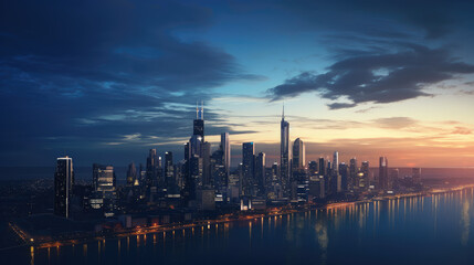 Naklejka premium Stunning Evening City Skyline with Reflections
