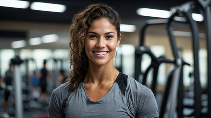 A latin woman on her 30's, in grey T-shirt smiling in a gym. Training services, fitness coaching, gym employee staff, body wellness, physical well-being, active lifestyle.