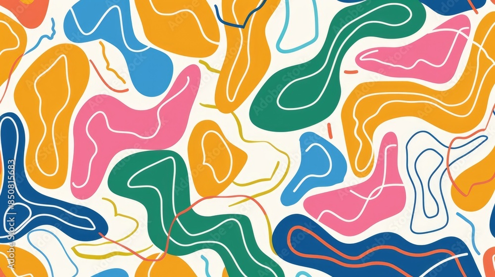 Poster colorful line doodle pattern with basic shapes in a seamless composition, offering a fun and artisti