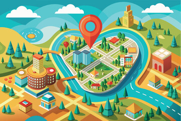map, a red location icon is highlighted to indicate a specific location.  There are various green areas that may represent parks or public spaces, and one of the neighborhoods is colored red