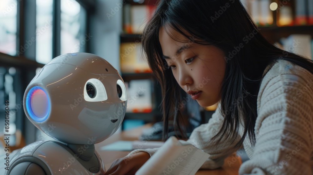 Poster mid-shot: the student interacting with the ai tutor, showing natural expressions of curiosity or und