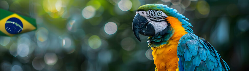 Photo Realistic Brazilian Parrot with Flag: A Symbol of Natural Beauty and National Pride, Ideal for Photo Stock Concept