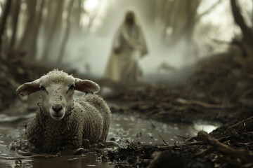 lamb stuck in the mud and in the background a man in a white tunic