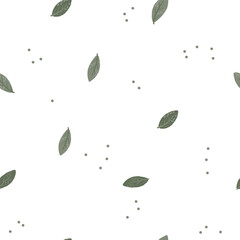 Seamless pattern. Butterflies. Vector illustration. Light background seamless pattern with multi-colored polka dots and leaves. Muted colors. Small drawing. Lots of air. Trendy colors and style.