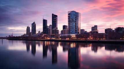 Fototapeta premium Urban Skyline Reflected in Sunset Waters