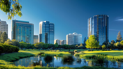 Obraz premium Sunnyvale California Skyscrapers in the afternoon with blue sky