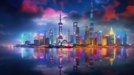 "Vibrant Night Skyline Reflection"