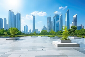 Fototapeta premium Modern Urban Skyline with Green Plaza