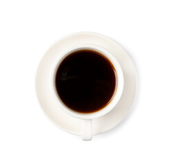 Tasty coffee in cup isolated on white, top view