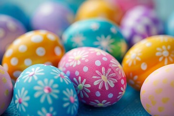 Assortment of vibrant easter eggs with floral patterns on a blue textured surface