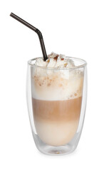 Delicious latte with whipped cream in glass isolated on white