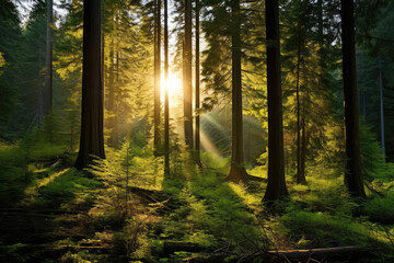 Obraz premium Serene Sunrise in Dense Forest