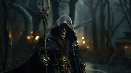 Fototapeta premium Grim Reaper - Skeleton, Skull, Death, Dead, Evil Monster, Scary Creature, Halloween Scene, Halls Eve, Haunted, Ghastly, Horror Show