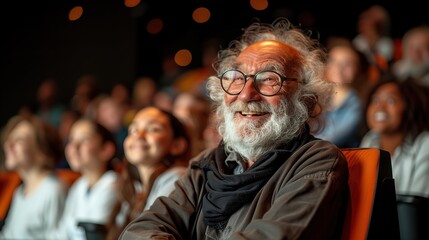 Obraz premium Cheerful university professor and students in bright auditorium room setting