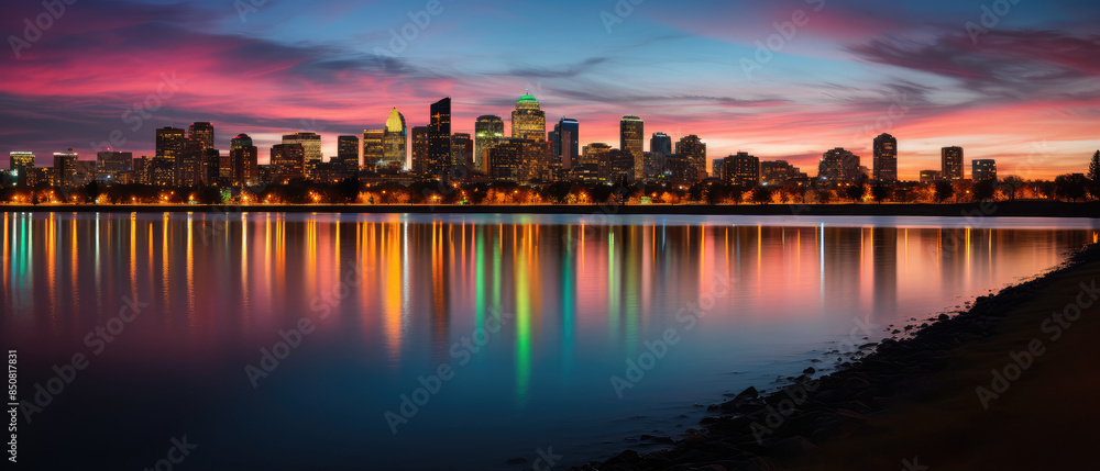 Sticker Vibrant Evening City Skyline Reflection