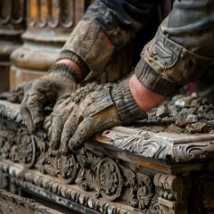 Close-up of craftsman's hands meticulously restoring intricate historic architectural details with care and precision.