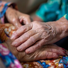 Close-up of elderly hands gently resting on each other, symbolizing care, compassion, and support in a colorful atmosphere.