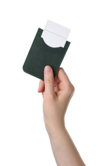 Woman holding leather business card holder with cards on white background, closeup