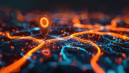 glowing location pin on an interactive map with multiple route wires leading to different locations, symbolizing the concept of futuristic navigation technology and urban travel planning Generative AI