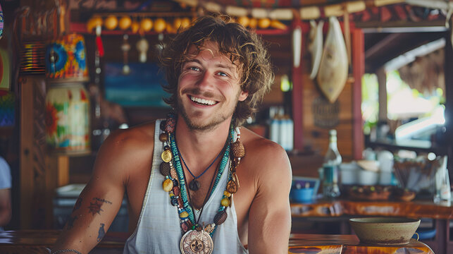 an attractive hippie man smiling in a resturaunt in Hawi, on the big island of hawaii