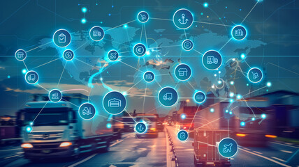 Global shipping and supply chain illustration. Connected blue icons on world map and road traffic background. International import, export, distribution and transportation concept.	