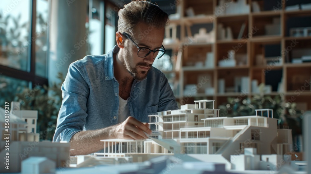 Aufkleber A man is sitting at a table with a model of a building in front of him