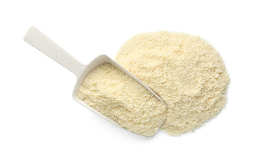 Pile of fresh almond flour and scoop isolated on white, top view