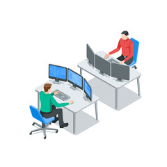 isometric vector men working at a table with three monitors, in color on a white background, a man at a computer or a programmer developer