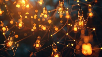 Obraz premium Bright light bulbs connected in a web, lighting up a dark space and symbolizing the synergy of creativity and business growth.