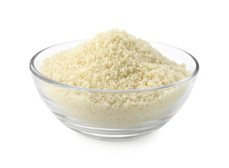 Fresh almond flour in bowl isolated on white